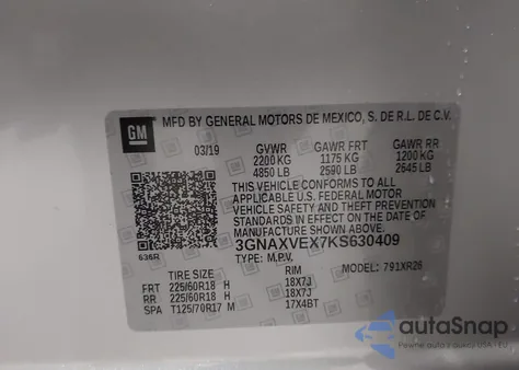 2019 Chevrolet Equinox Lt z USA, uszkodzony, nr VIN 3GNAXVEX7KS630409